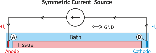 Shown is a stimulation setup using injection of extracellular currents which induces a symmetric extracellular potential field. Note that a pure Neumann problem is solved here. A diffuse ground is used to render the problem solvable which boils down to imposing the additional constraint that the mean extracellular potential \phi_{\rm e} is zero (see Eq. extra_stim_I3).