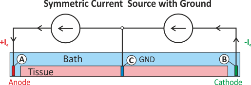 Extracellular current injection with additional grounding electrode.