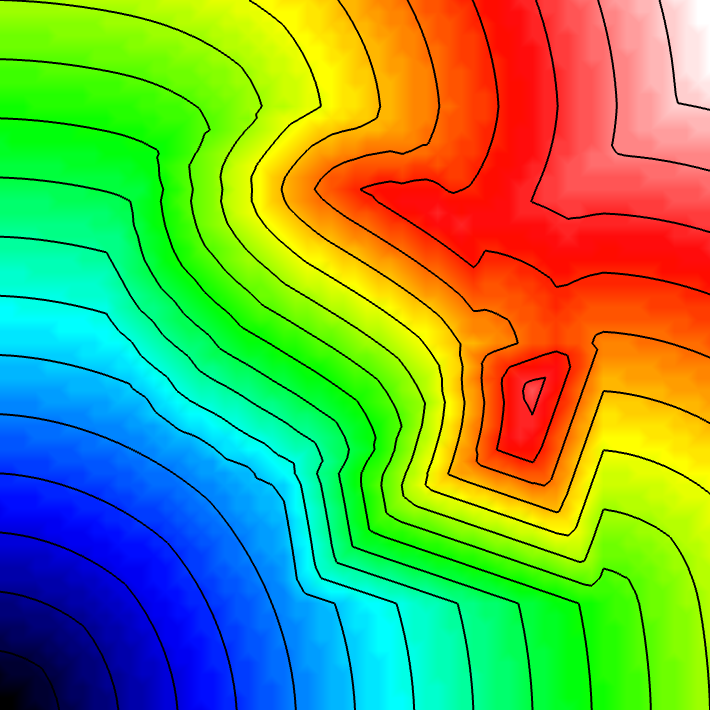 Simulation including heterogeneous regions with reduced conduction velocity. Isolines are shown every 10ms.