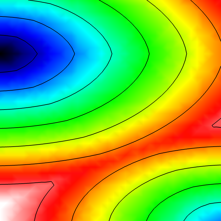 Activation times for experiment 1 visualized with isolines at 5ms increments.