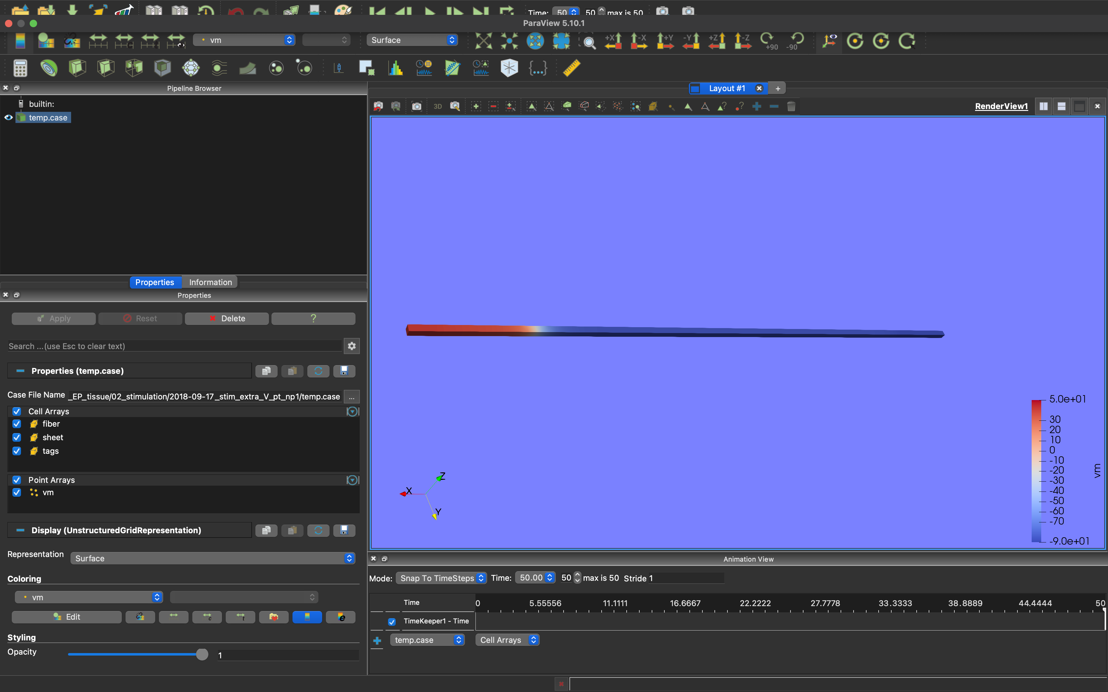 This image shows the temporal development of the transmembrane voltage on a simple cuboid.