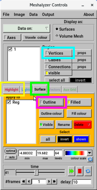 Meshalyzer control window showing button to toggle vertex display (cyan box), tabs for Highlighting (yellow box) and within the Surface tab (green box), the button to toggle display of the surface element outlines (magenta box).
